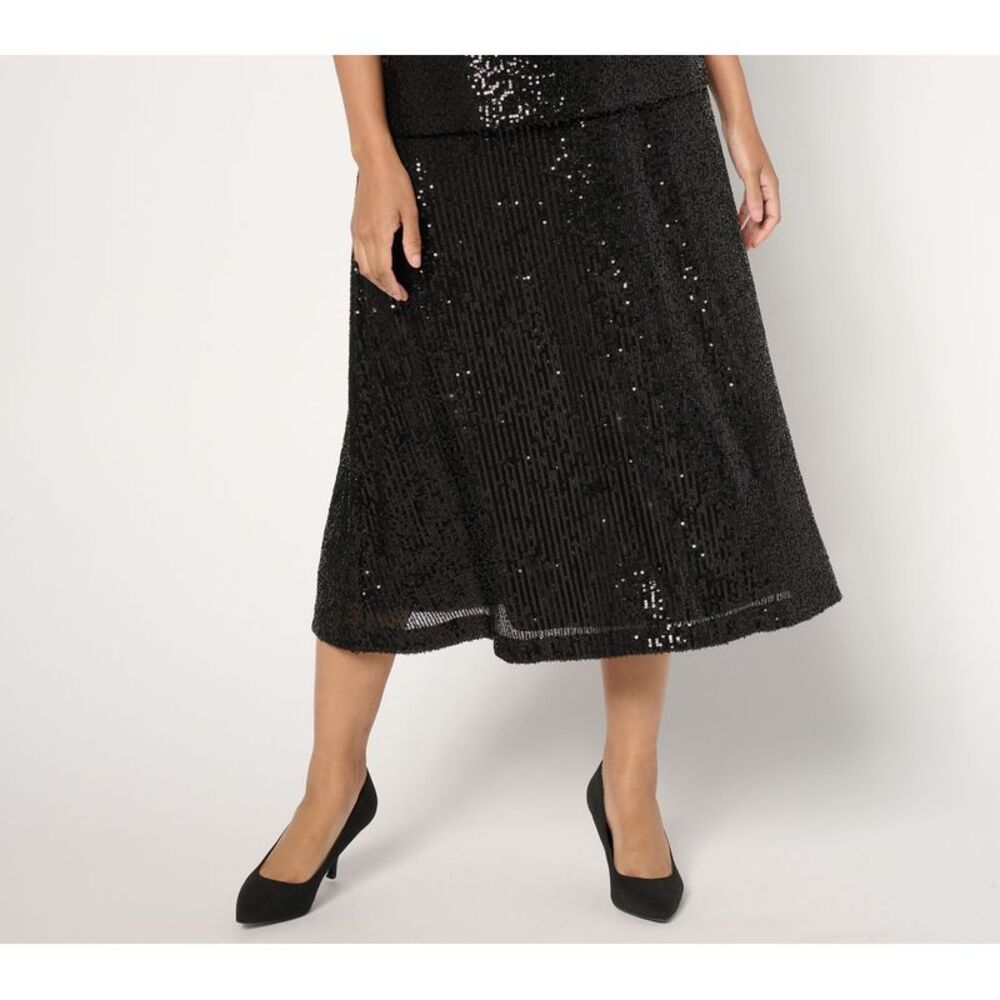 Isaac Mizrahi Live! Women's Petite Skirt PL Always Knit Sequin Midi Black